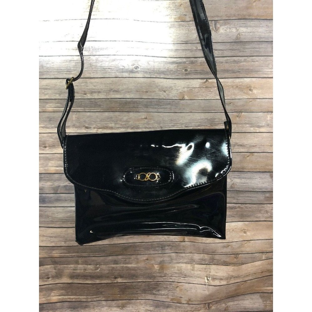 Vintage Black Patent Purse Gold Accent 3 Pockets Inside Long Strap